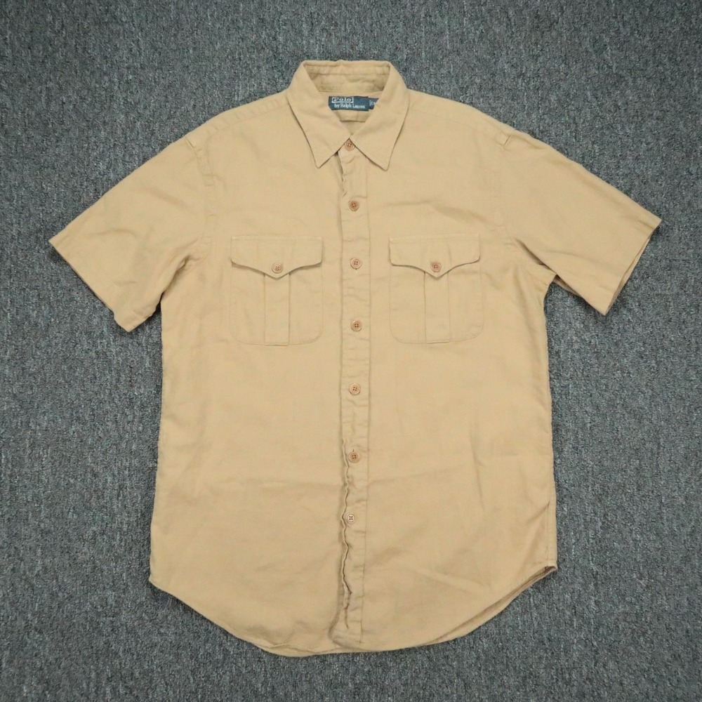 Polo Ralph Lauren Shirt Mens Medium Khaki Short Sleeve Linen Cotton Safari Camp